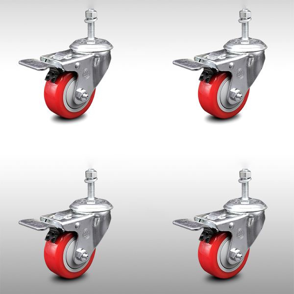 Service Caster 3 Inch SS Red Polyurethane 10mm Threaded Stem Caster Set Total Lock Brake SCC-SSTSTTL20S314-PPUB-RED-M1015-4